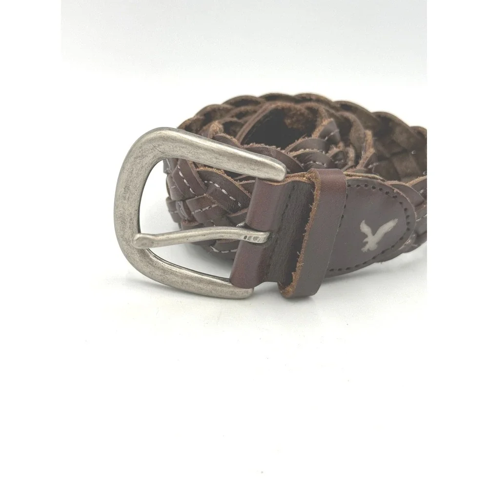 American Eagle Braided Belt Size Small Brown Leather Woven Stitch Detail 90s Y2K